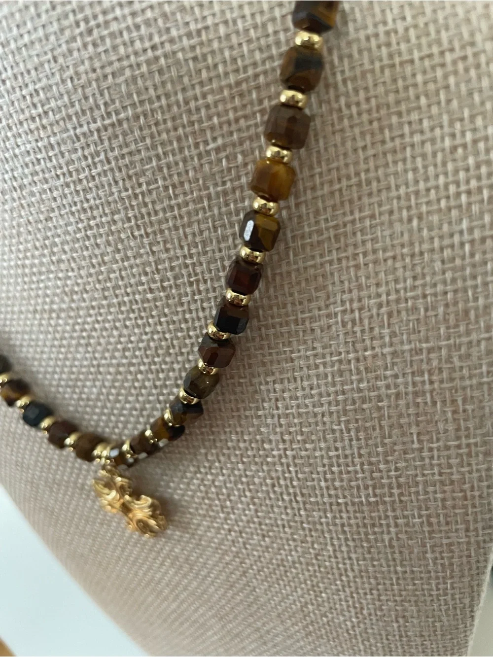 Tory Burch Brown Tiger Eye Beaded Necklace with Gold Cross Pendant